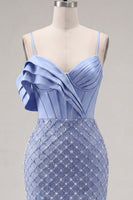 Load image into Gallery viewer, Ruffled Blue Corset Fringed Tight Short Prom Dress with Pearls