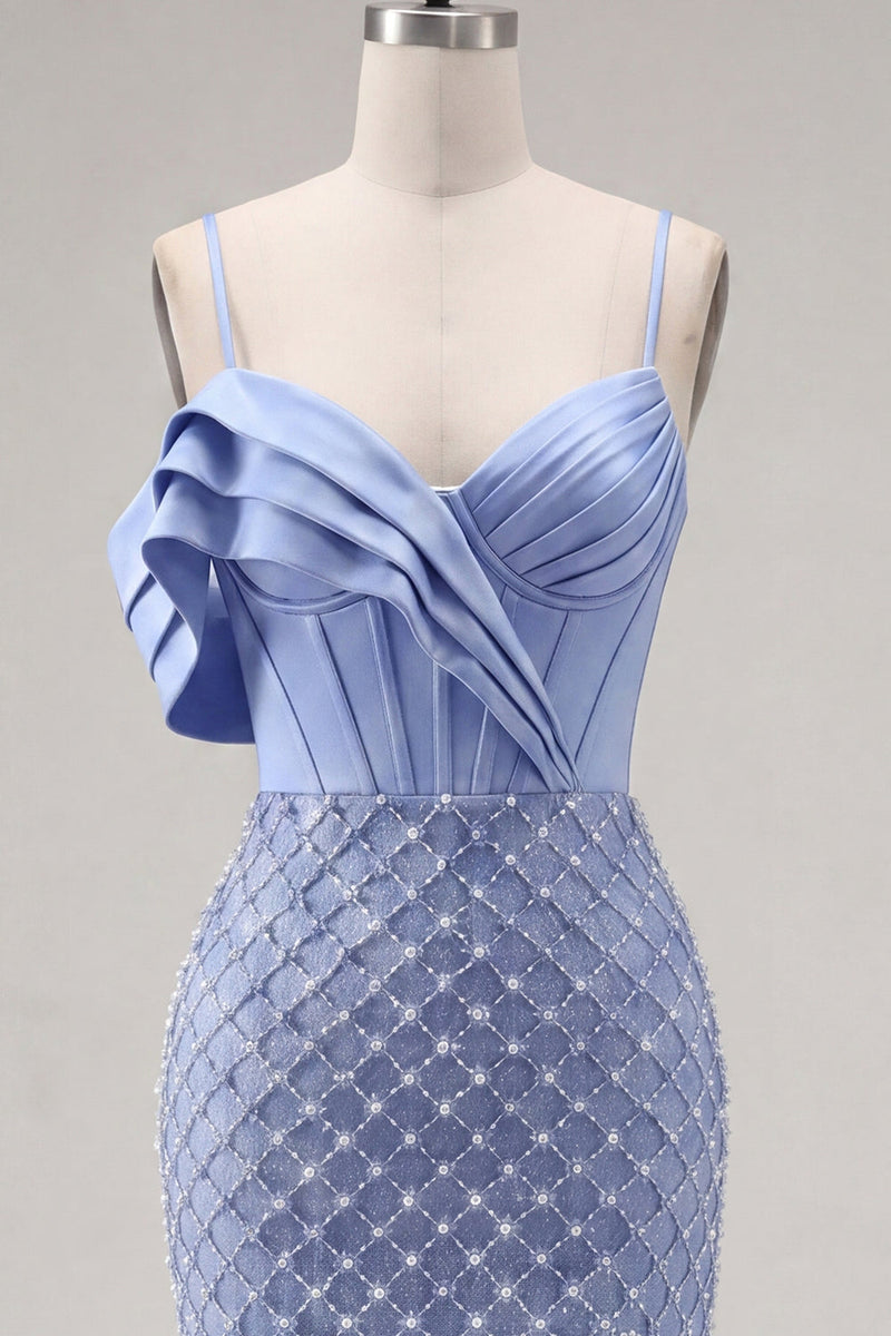 Load image into Gallery viewer, Ruffled Blue Corset Fringed Tight Short Prom Dress with Pearls