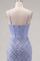 Load image into Gallery viewer, Ruffled Blue Corset Fringed Tight Short Prom Dress with Pearls