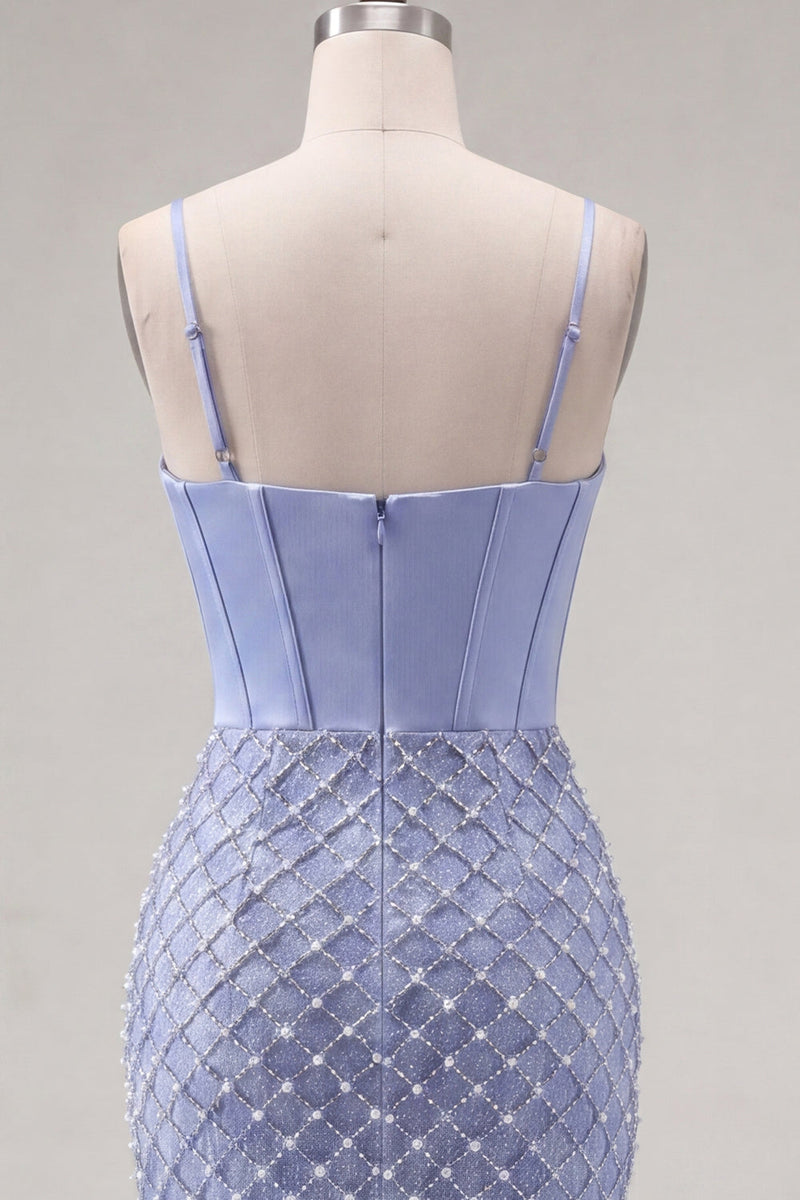 Load image into Gallery viewer, Ruffled Blue Corset Fringed Tight Short Prom Dress with Pearls