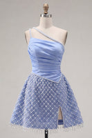 Load image into Gallery viewer, Blue One Shoulder A Line Short Ruched Prom Dress with Pearls