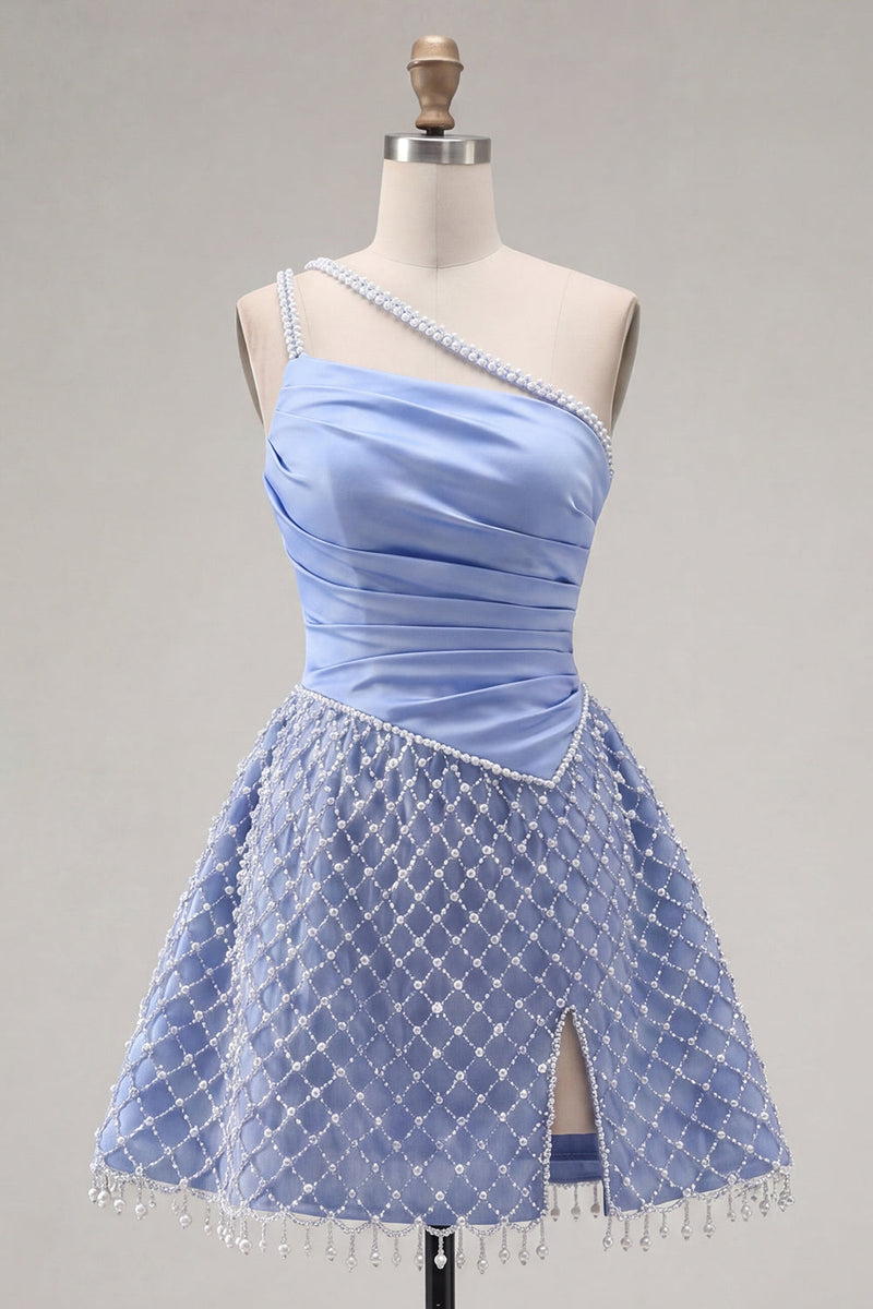Load image into Gallery viewer, Blue One Shoulder A Line Short Ruched Prom Dress with Pearls