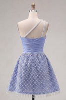 Load image into Gallery viewer, Blue One Shoulder A Line Short Ruched Prom Dress with Pearls