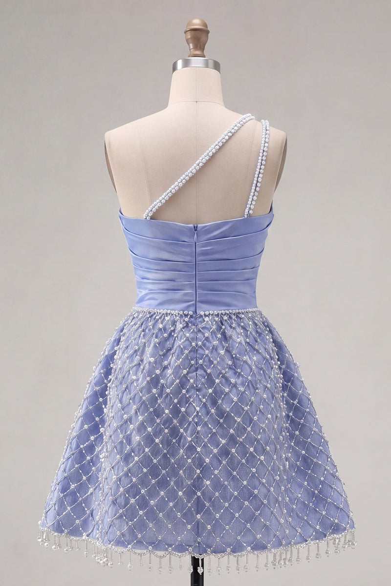 Load image into Gallery viewer, Blue One Shoulder A Line Short Ruched Prom Dress with Pearls
