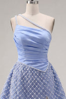 Load image into Gallery viewer, Blue One Shoulder A Line Short Ruched Prom Dress with Pearls