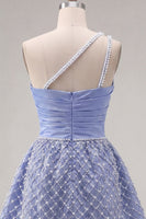 Load image into Gallery viewer, Blue One Shoulder A Line Short Ruched Prom Dress with Pearls