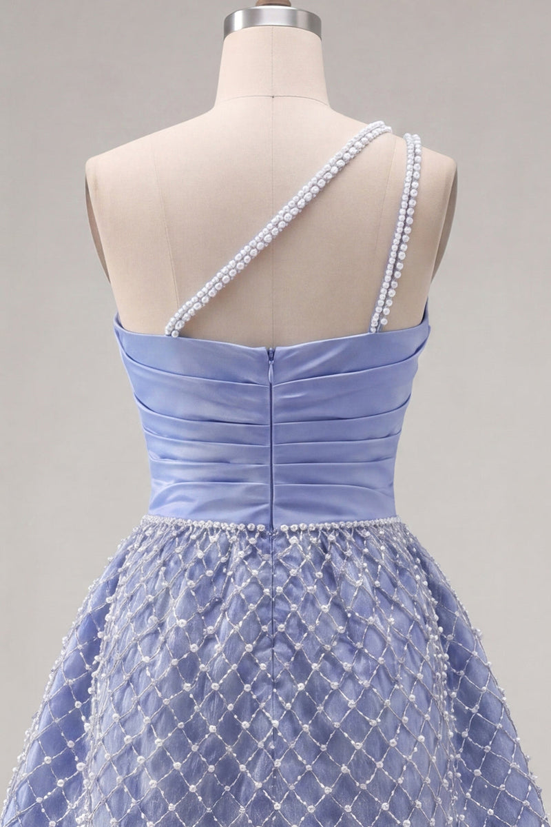 Load image into Gallery viewer, Blue One Shoulder A Line Short Ruched Prom Dress with Pearls
