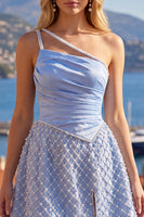 Load image into Gallery viewer, Blue One Shoulder A Line Short Ruched Prom Dress with Pearls