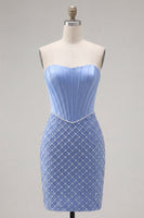 Load image into Gallery viewer, Strapless Corset Tight Short Basque Waist Blue Prom Dress with Pearls