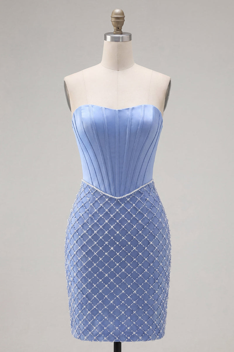 Load image into Gallery viewer, Strapless Corset Tight Short Basque Waist Blue Prom Dress with Pearls
