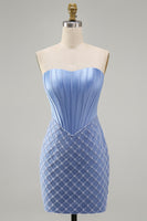 Load image into Gallery viewer, Strapless Corset Tight Short Basque Waist Blue Prom Dress with Pearls