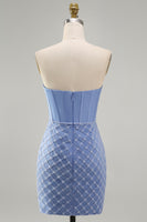 Load image into Gallery viewer, Strapless Corset Tight Short Basque Waist Blue Prom Dress with Pearls