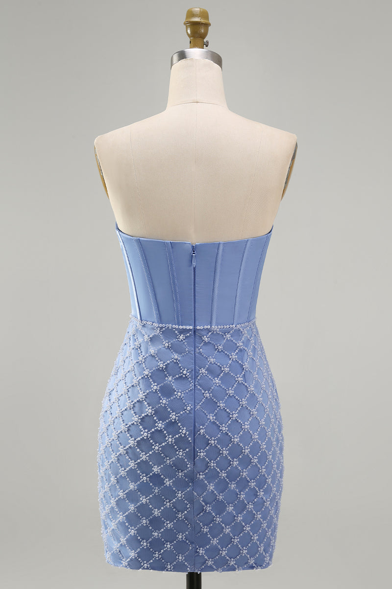 Load image into Gallery viewer, Strapless Corset Tight Short Basque Waist Blue Prom Dress with Pearls