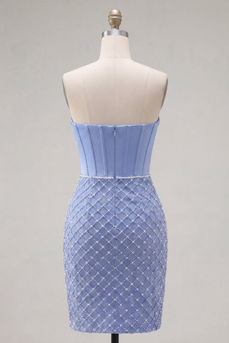 Load image into Gallery viewer, Strapless Corset Tight Short Basque Waist Blue Prom Dress with Pearls