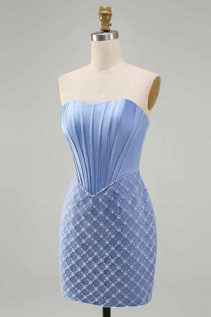 Load image into Gallery viewer, Strapless Corset Tight Short Basque Waist Blue Prom Dress with Pearls