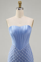 Load image into Gallery viewer, Strapless Corset Tight Short Basque Waist Blue Prom Dress with Pearls