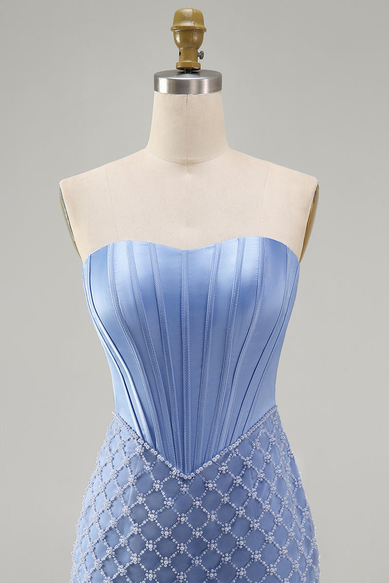 Load image into Gallery viewer, Strapless Corset Tight Short Basque Waist Blue Prom Dress with Pearls