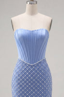 Load image into Gallery viewer, Strapless Corset Tight Short Basque Waist Blue Prom Dress with Pearls