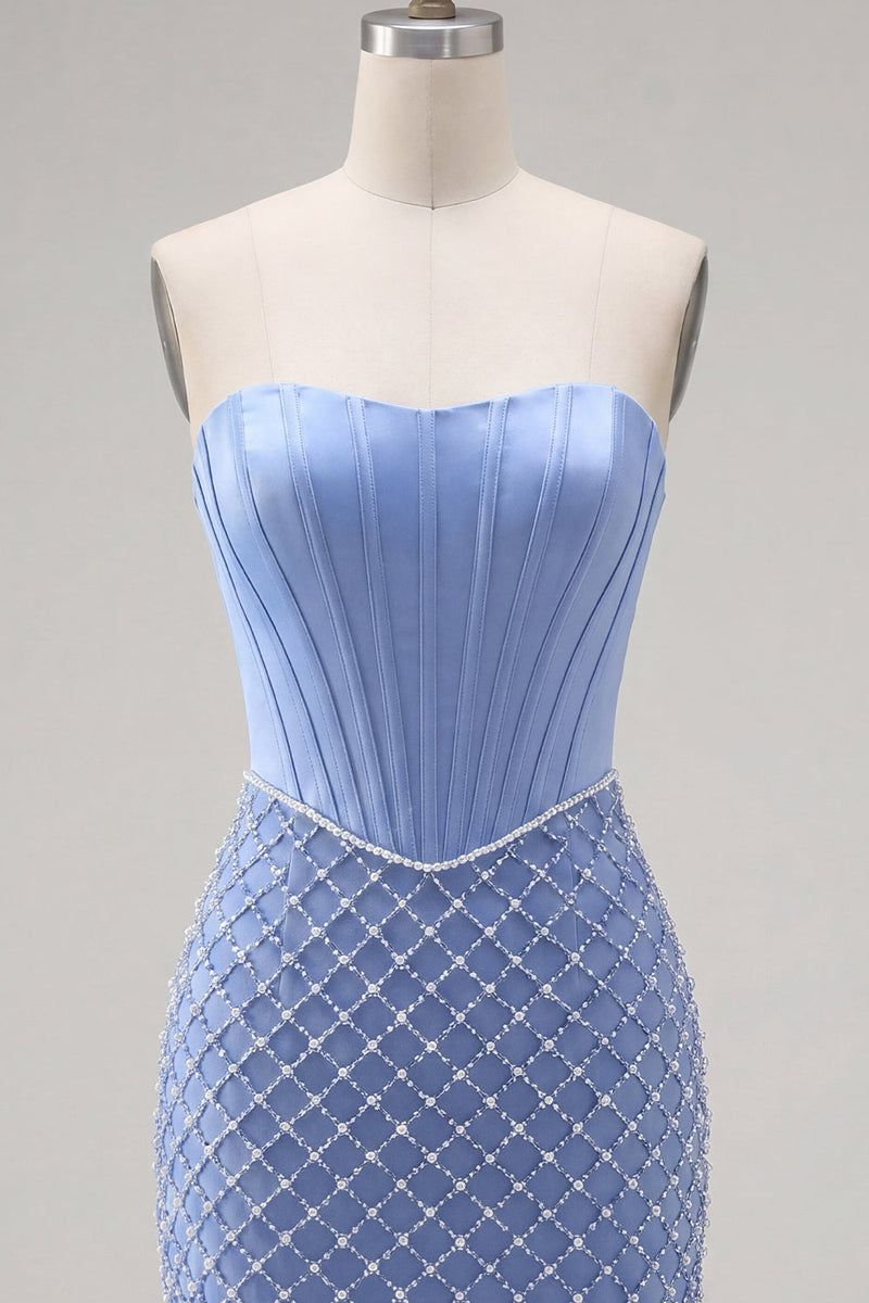 Load image into Gallery viewer, Strapless Corset Tight Short Basque Waist Blue Prom Dress with Pearls