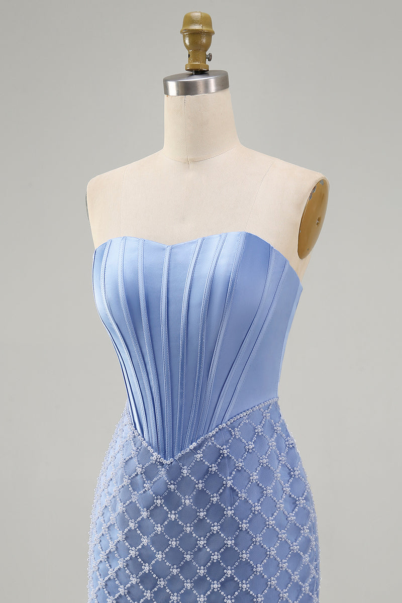 Load image into Gallery viewer, Strapless Corset Tight Short Basque Waist Blue Prom Dress with Pearls