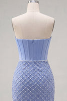 Load image into Gallery viewer, Strapless Corset Tight Short Basque Waist Blue Prom Dress with Pearls