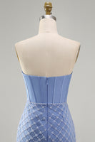 Load image into Gallery viewer, Strapless Corset Tight Short Basque Waist Blue Prom Dress with Pearls