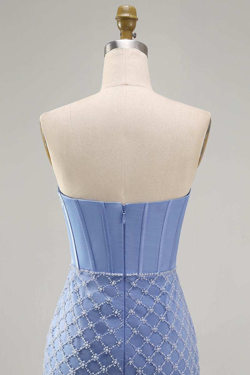 Load image into Gallery viewer, Strapless Corset Tight Short Basque Waist Blue Prom Dress with Pearls