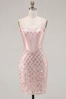 Load image into Gallery viewer, Sparkly Blush Strapless Corset Tight Short Prom Dress with Beading