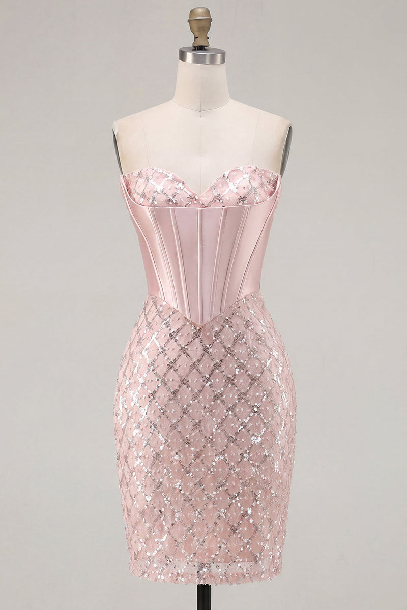 Load image into Gallery viewer, Sparkly Blush Strapless Corset Tight Short Prom Dress with Beading