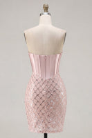 Load image into Gallery viewer, Sparkly Blush Strapless Corset Tight Short Prom Dress with Beading