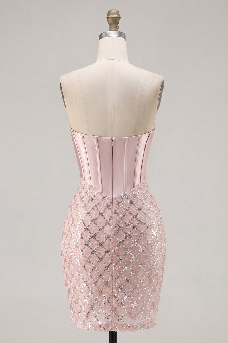 Load image into Gallery viewer, Sparkly Blush Strapless Corset Tight Short Prom Dress with Beading