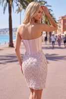 Load image into Gallery viewer, Sparkly Blush Strapless Corset Tight Short Prom Dress with Beading