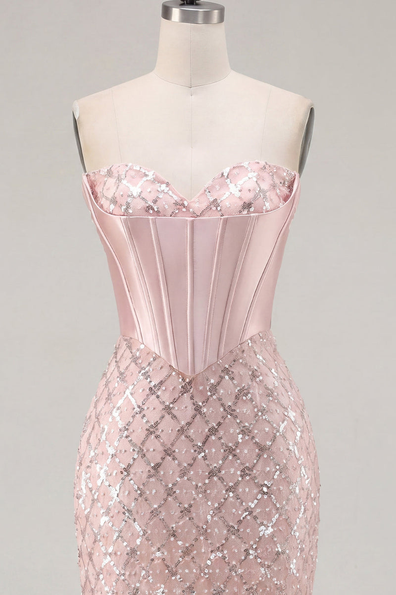 Load image into Gallery viewer, Sparkly Blush Strapless Corset Tight Short Prom Dress with Beading