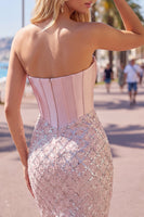 Load image into Gallery viewer, Sparkly Blush Strapless Corset Tight Short Prom Dress with Beading