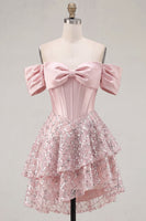 Load image into Gallery viewer, A Line Sparkly Blush Beaded Corset Short Prom Dress with Ruffles