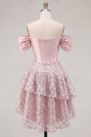 Load image into Gallery viewer, A Line Sparkly Blush Beaded Corset Short Prom Dress with Ruffles