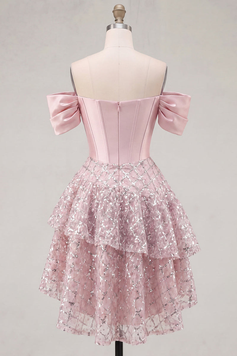 Load image into Gallery viewer, A Line Sparkly Blush Beaded Corset Short Prom Dress with Ruffles