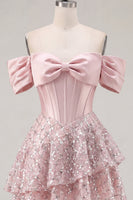 Load image into Gallery viewer, A Line Sparkly Blush Beaded Corset Short Prom Dress with Ruffles