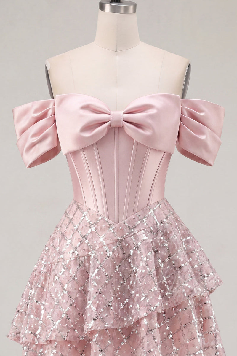 Load image into Gallery viewer, A Line Sparkly Blush Beaded Corset Short Prom Dress with Ruffles