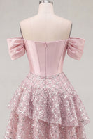 Load image into Gallery viewer, A Line Sparkly Blush Beaded Corset Short Prom Dress with Ruffles