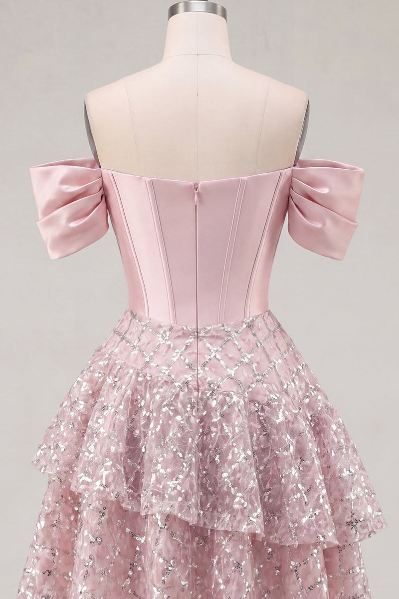 Load image into Gallery viewer, A Line Sparkly Blush Beaded Corset Short Prom Dress with Ruffles