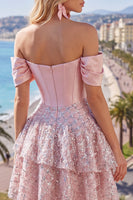 Load image into Gallery viewer, A Line Sparkly Blush Beaded Corset Short Prom Dress with Ruffles