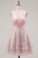Load image into Gallery viewer, Sparkly Halter Short A Line Blush Beaded Prom Dress with Ruffles