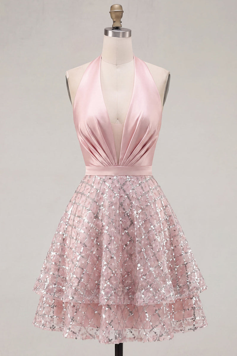 Load image into Gallery viewer, Sparkly Halter Short A Line Blush Beaded Prom Dress with Ruffles