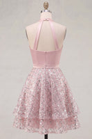 Load image into Gallery viewer, Sparkly Halter Short A Line Blush Beaded Prom Dress with Ruffles