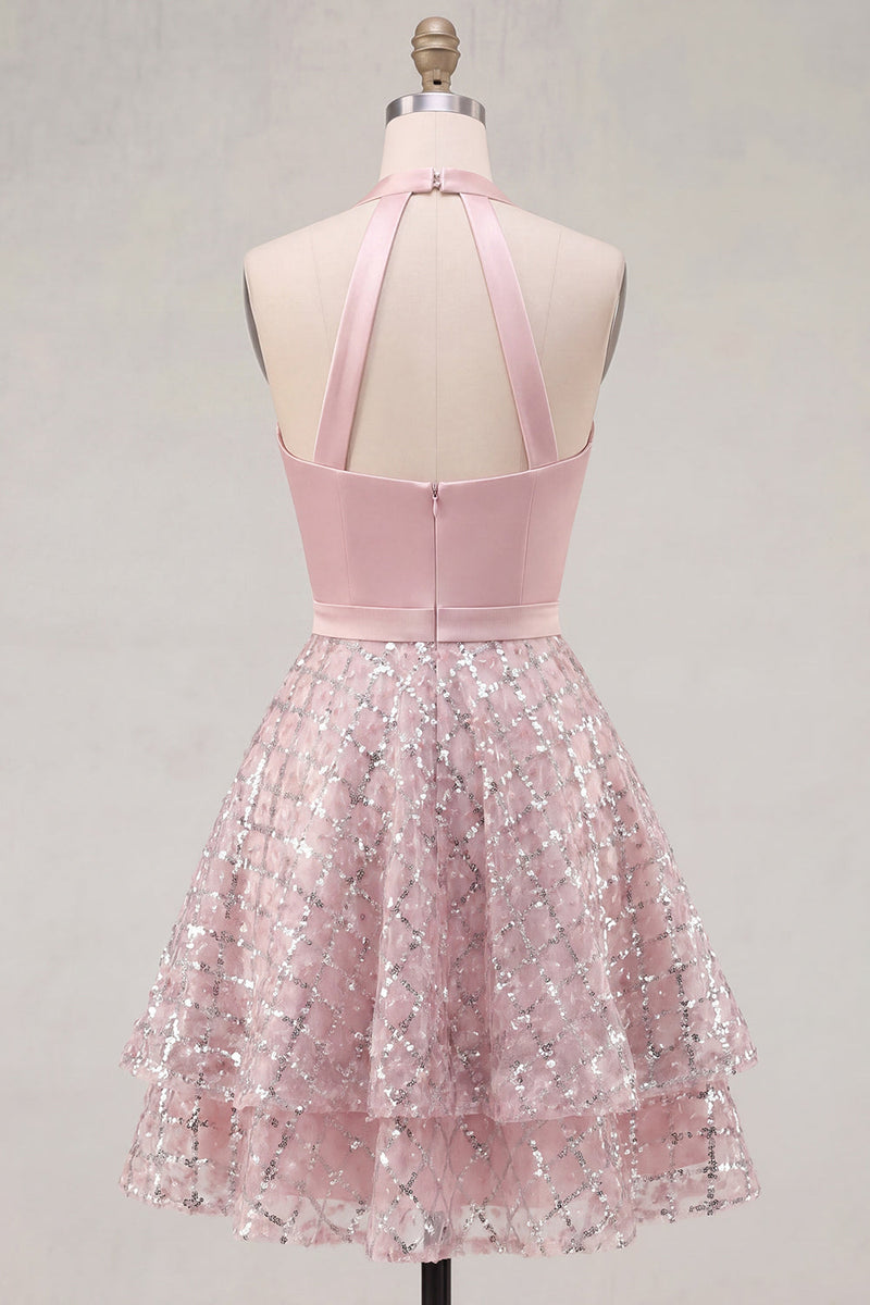 Load image into Gallery viewer, Sparkly Halter Short A Line Blush Beaded Prom Dress with Ruffles