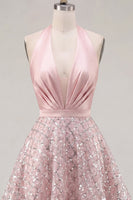 Load image into Gallery viewer, Sparkly Halter Short A Line Blush Beaded Prom Dress with Ruffles