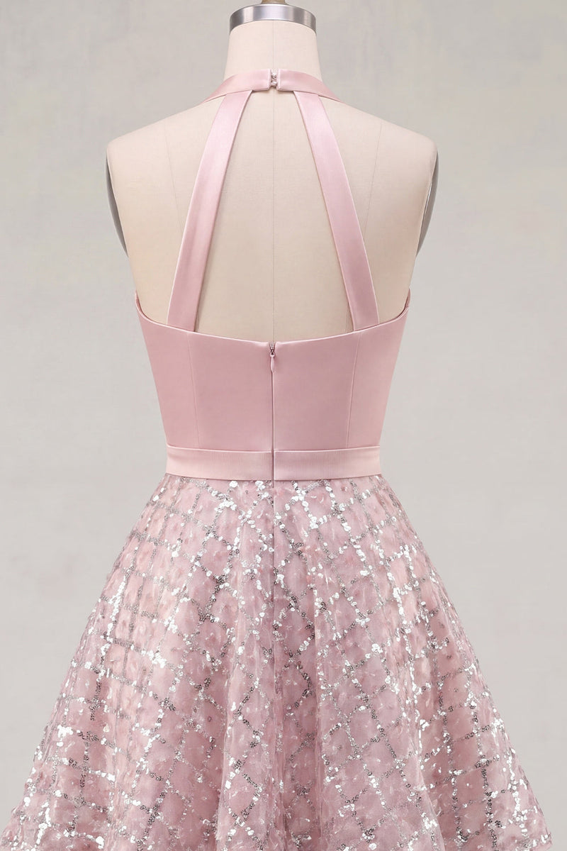 Load image into Gallery viewer, Sparkly Halter Short A Line Blush Beaded Prom Dress with Ruffles