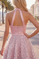 Load image into Gallery viewer, Sparkly Halter Short A Line Blush Beaded Prom Dress with Ruffles