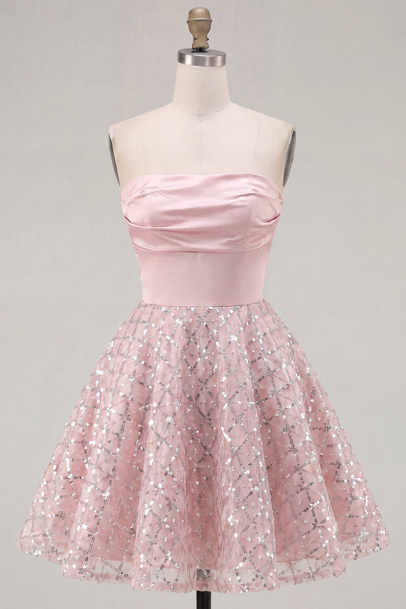 Load image into Gallery viewer, Ruched Strapless Sparkly Short A Line Blush Beaded Prom Dress
